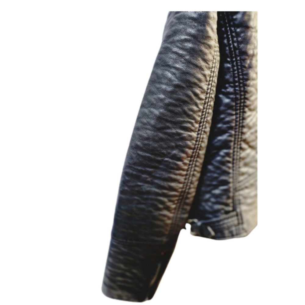 GLAMOROUS QUILTED BLACK FAUX LEATHER MOTORCYCLE JACKET SIZE L - Picture 4 of 6